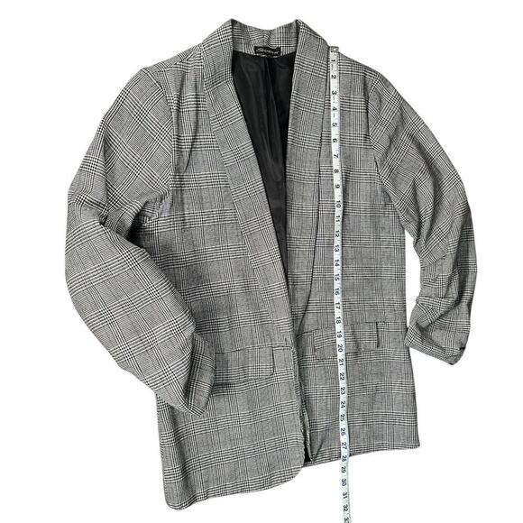 Shine Star Grey Micro Plaid Open Front Slouchy Blazer Functional Pockets Medium - Picture 7 of 10